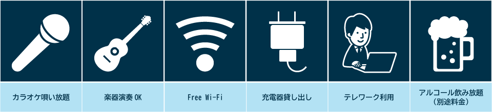 最大12時間唄い放題、楽器演奏可能、Free Wi-Fi接続可、携帯電話充電器貸し出しOK、テレワーク利用、オプションでアルコール飲み放題！