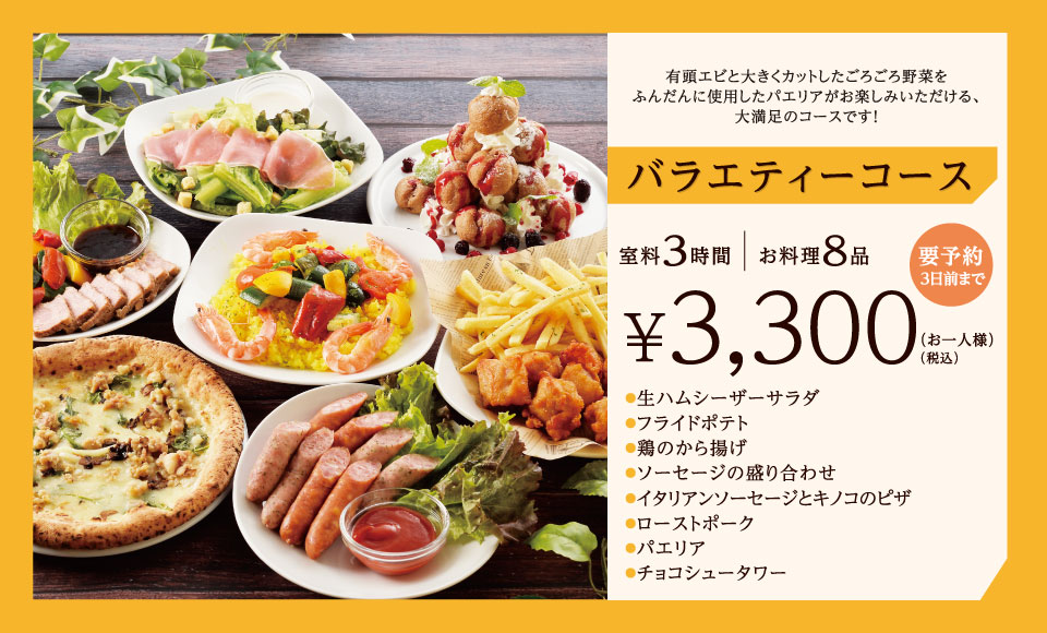 バラエティーコース 3時間室料・お料理付き お一人様 3,300円（税込）