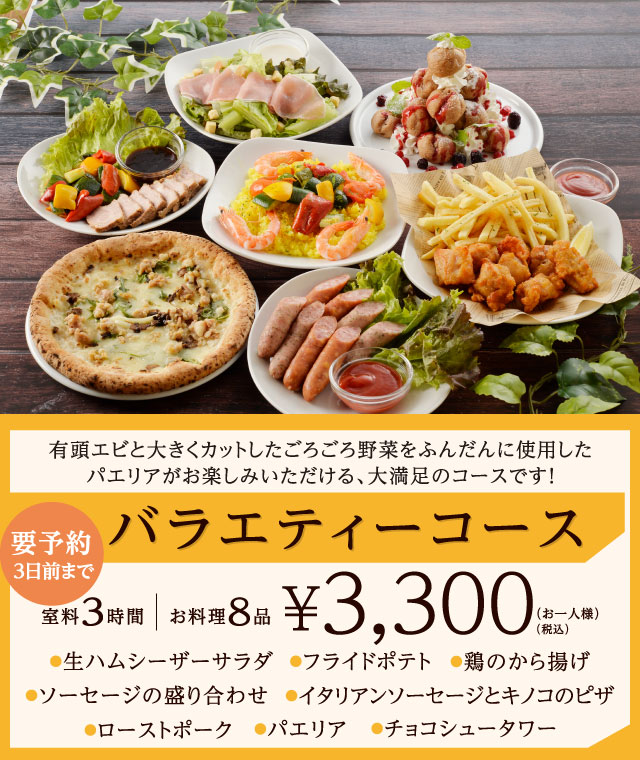 バラエティーコース 3時間室料・お料理付き お一人様 3,300円（税込）