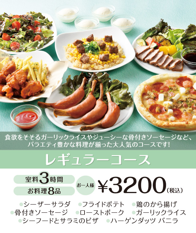 >レギュラーコース 3時間室料・お料理付き お一人様 3,200円（税込）
