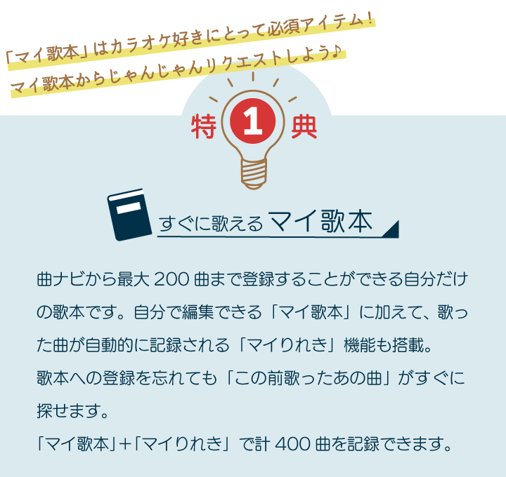 特典1 すぐに歌えるマイ歌本 曲ナビ、PC、アプリから最大200曲まで登録することができる自分だけの歌本です。会員番号でマイページを開設をして「マイ歌本」の画面を簡単編集できます。自分で編集できる「マイ歌本」に加えて、歌った曲が自動的に記録される「マイりれき」機能も搭載。歌本への登録を忘れても「この前歌ったあの曲」がすぐに探せます。「マイ歌本」+「マイりれき」で計400曲を記録できます。